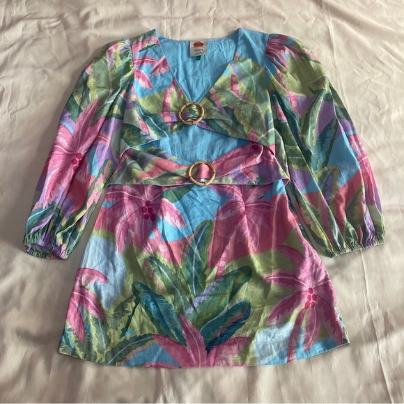 Farm Rio- BEACH VIBE LINEN BLEND CUTOUT DRESS In Blue Size Medium Palm Trees - Picture 2 of 11